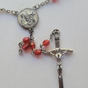 Vintage Catholic Rosary Necklace Our Lady of Lourdes Red Beads